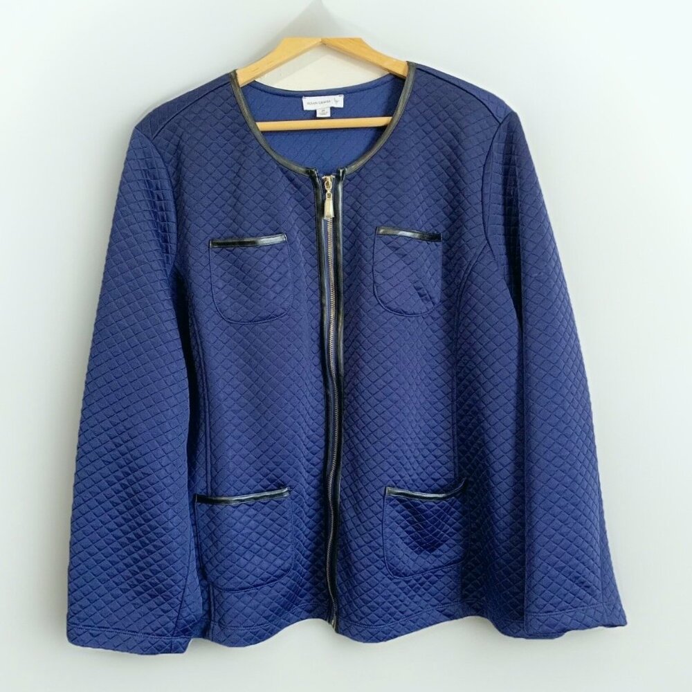 Susan Graver Navy Quilted Zip Jacket 3X Faux Leather Trim Pockets Textured Knit